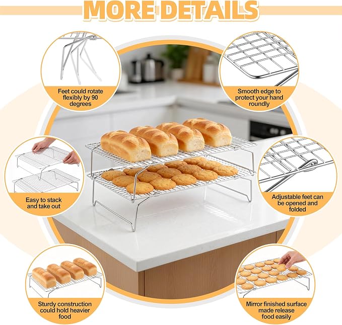 P&P CHEF 3 Tier Cooling & Baking Racks, Stainless Steel Stackable Grid Cooking Rack for Cooling Roasting Grilling, Collapsible & Heavy Duty, Oven & Dishwasher Safe, 15" x 10"