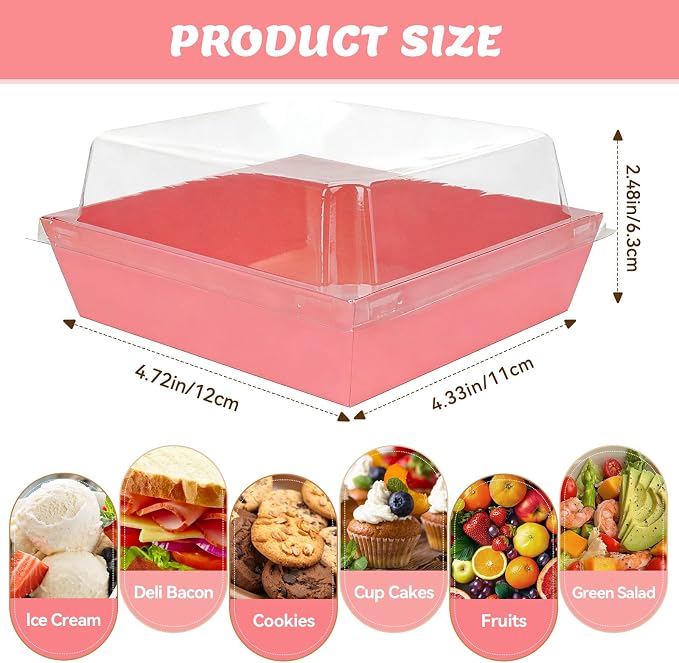 24 Pack Small Charcuterie Boxes with Clear Lids, Paper Mini Charcuterie Box To Go, Disposable Food Container with Lid, Dessert Boxes for Sandwich, Cookie, Sushi, Cake Slice, and Strawberries, Pink