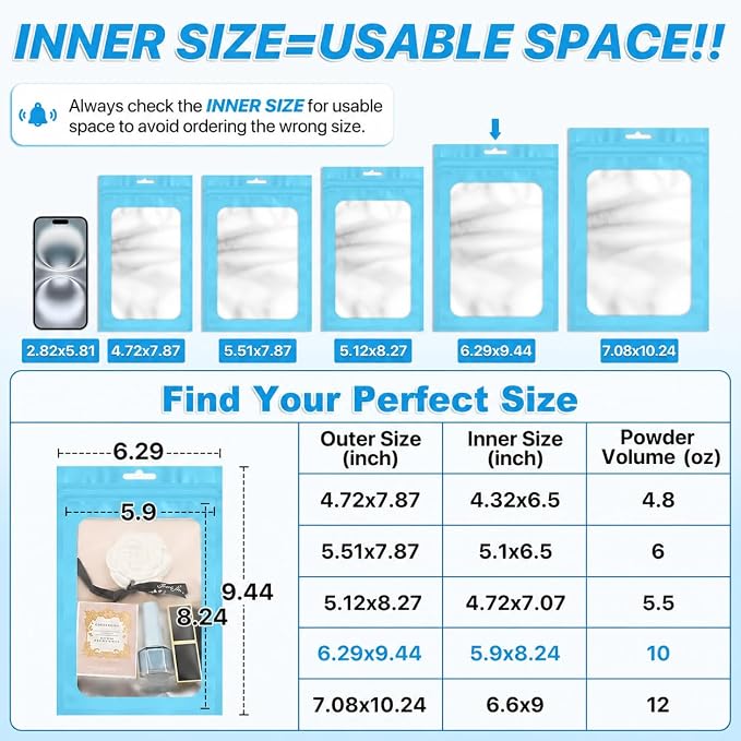 ANZNKU 100 Pack Lake Blue Resealable Mylar Bags with Frosted Clear Window 6.29x9.44", Smell Proof Sealable Packaging Bags for Small Business, Foil Pouch Zip Goodie Bag for Candy Treat Jewelry