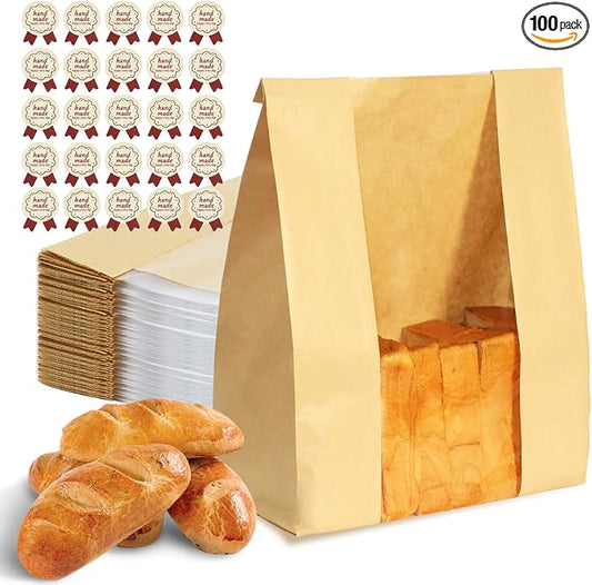 Bread Bags for Homemade Bread 100PCS Paper Sourdough Large Bakery Bags with Window for Baked Food Packaging Storage Gift Giving Includes 100PCS Label Seal Stickers 13.7x8.3x3.5in