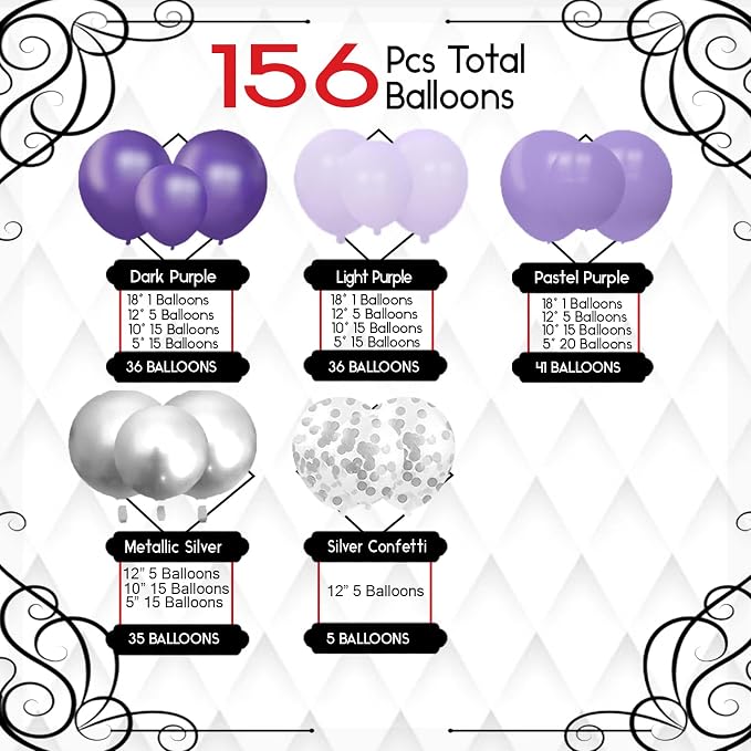 Archloon 156pcs Balloon Garland Arch Kit, Different Sizes 18 12 10 5 inch Lavender Latex Metallic Balloons for Girls Women Wedding Birthday Baby Shower Party Decorations Supplies