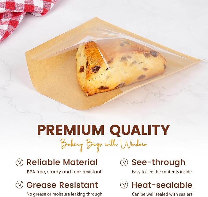 500 Pack Cookie Packaging Bags with Seal, 5.7x6.5 Inch Heat Sealable Paper Cookie Sleeves, Grease Resistant To Go Bakery Bags with Window for Bake Sale Brownie, Treat, Donut, Cake Slice, Scone