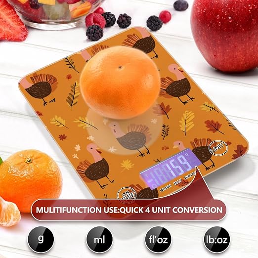 Food Scale Kitchen Scale for Baking Cooking Digital Food Weighing Measuring Scale Small Waterproof Electric Food Scale Orange Thanksgiving Turkeys and Autumn Leaves