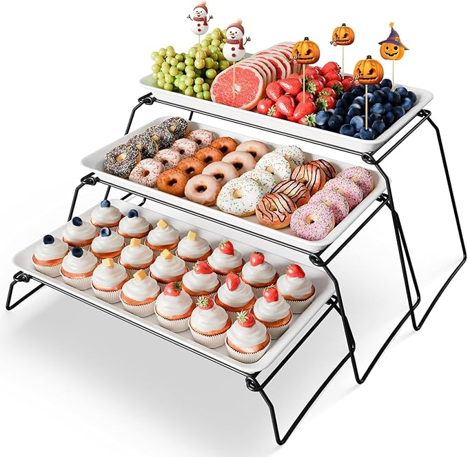 Extra Large 3-Tier Melamine Serving Tray Set and Cupcake Stand for Party Events, 17" Platters with Tiered Stand, Holds 63 Cupcakes, Food, Dessert, and Fruit – Black