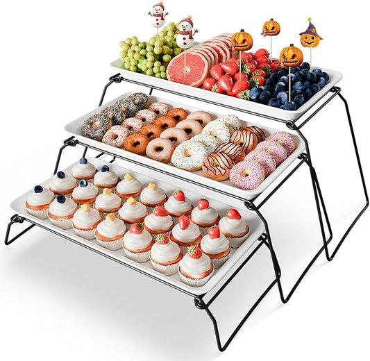 Extra Large 3-Tier Melamine Serving Tray Set and Cupcake Stand for Party Events, 17" Platters with Tiered Stand, Holds 63 Cupcakes, Food, Dessert, and Fruit – Black