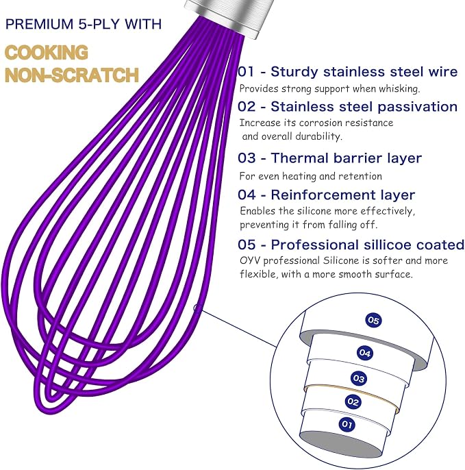 OYV Purple Silicone Whisk, Professional Whisks For Cooking Non-Scratch, Stainless Steel & Silicone Wisk, Plastic Rubber Whisk Tool For Nonstick Cookware Pans, BPA free, Silicon Wisks Set of 3