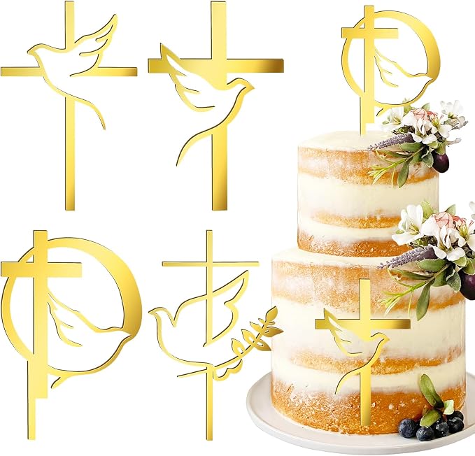 8 pcs Baptism Cake Toppers Acrylic Gold Dove Cross Cupcake Toppers Baptism First Communion Cake Decorations Supplies for Baby Shower Birthday Wedding Party Christian