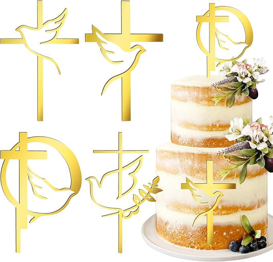 8 pcs Baptism Cake Toppers Acrylic Gold Dove Cross Cupcake Toppers Baptism First Communion Cake Decorations Supplies for Baby Shower Birthday Wedding Party Christian