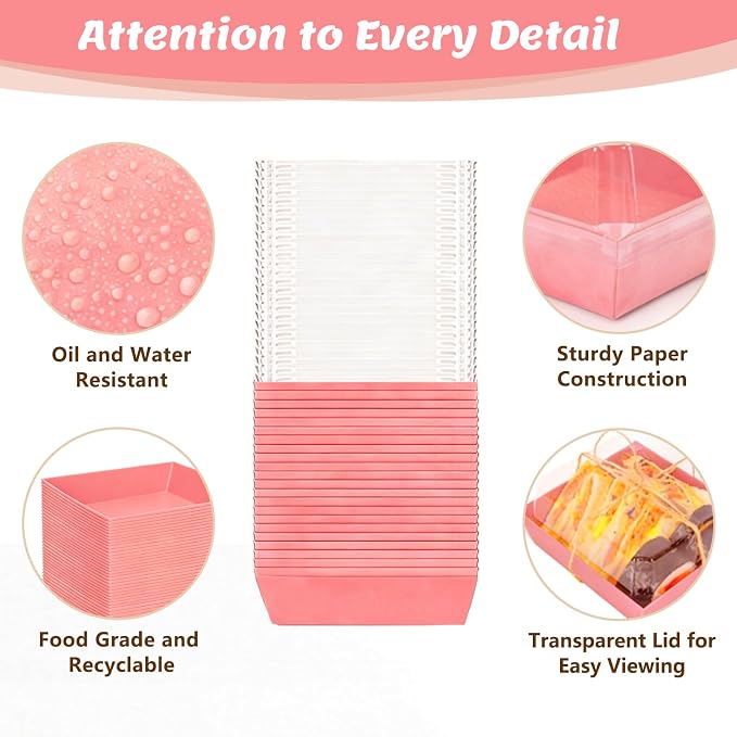 54 Pack Small Charcuterie Boxes with Clear Lids, Paper Mini Charcuterie Box To Go, Disposable Food Container with Lid, Dessert Boxes for Sandwich, Cookie, Sushi, Cake Slice, and Strawberries, Pink