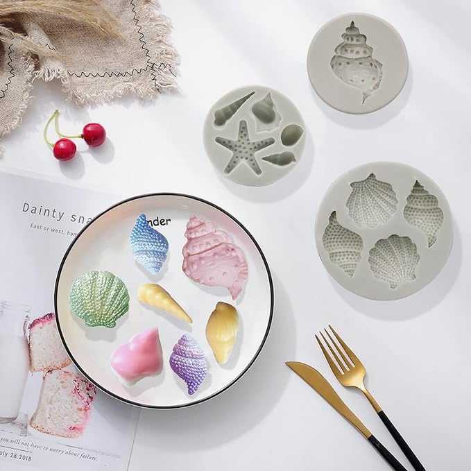 MEMOVAN Marine Theme Fondant Molds 4pcs Seashell Conch Starfish Silicone Baking Mold for Under the Sea Ocean Marine Cake Cupcake Decoration Chocolate Candy Soap Resin Clay Crafting