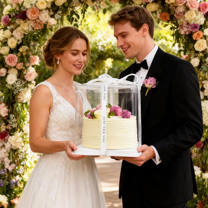 12x12x10inch 8Pcs Tall Cake Boxes Clear Display Gift Boxes with Ribbon,Pre Folded Lid for 10" and 11" Inch Tall Layer Tiered Cakes and Bakery Display Birthday Wedding Party(Clear , 12*12*10inch/8Pcs)