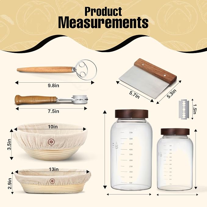 Orave Sourdough Starter Kit - 13-Piece Bread Baking Supplies with Auto-Vented Glass Jars, Round and Oval Banneton Proofing Baskets, Bread Lame, Dough Whisk and Scraper