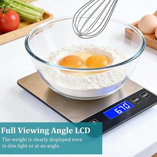 Food Kitchen Scale 15kg/33lb, Digital Grams and Ounces Scale for Weight, Baking, Cooking Platform with Type-C Rechargeable & Backup Battery Mode, 304 Stainless Steel