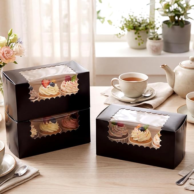 Ireer 60 pcs 8x4x4 Inch Bakery Boxes with Window Cookies Boxes Pumpkin Roll Container Donut Box Pastry Cake Packaging Safe for Cookies Loaf Muffins Breads Dessert Candies Treat (Black)