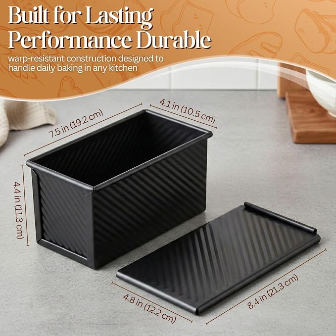 Flexzion 2 Pack Pullman Loaf Pan with Lid - 1 lb Dough Capacity Sandwich Bread Loaf Pan with Lid Cover - Non-Stick Carbon Steel Corrugated Toast Box Mold for Baking Homemade Sandwich, Sourdough, Black