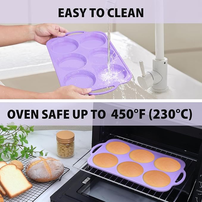 4 Inch Jumbo Silicone Muffin Top Pan with Metal Frame, Non Stick Silicone Egg Mold for Oven, Large Whoopie Pie Baking Pan with Handle for English Breakfast Sandwich, Egg Bite, Bun Tart, Purple