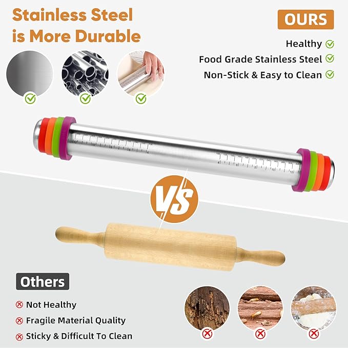 AMUZHI Stainless Steel Rolling Pin with Adjustable Thickness Rings | 4 Interchangeable Sizing Bands for Dumplings/Pasta/Cookies - Nonstick Kitchen Baking Tool