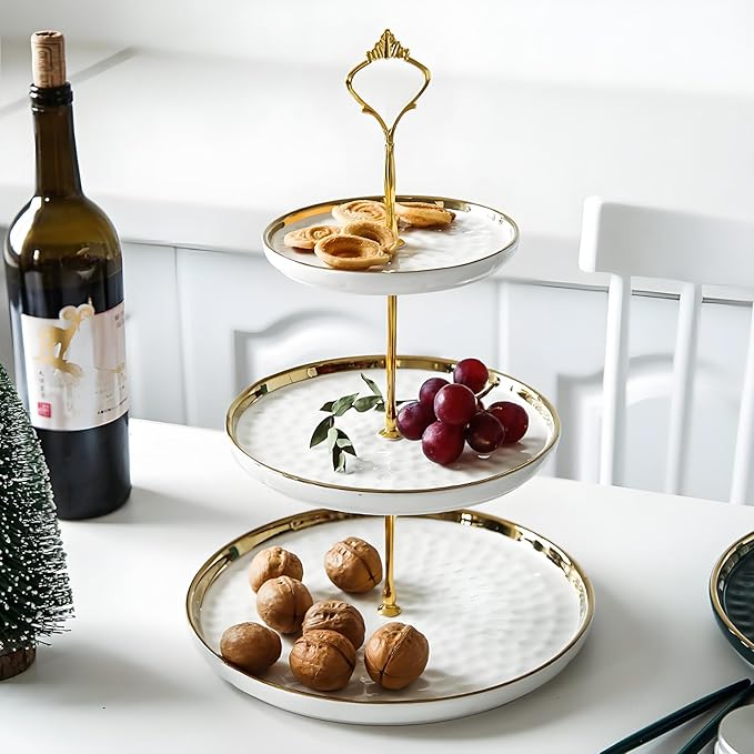 Tosnail Set of 2 Porcelain Cupcake Stand Ceramic Dessert Stand Tiered Serving Trays with Gold Rod, 3 Tiers and 2 Tiers Cake Stand Party Serving Trays Fruit Pastry Holders for Wedding and Party
