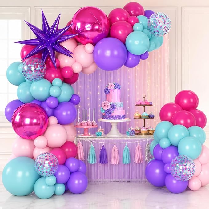 Pink and Teal Blue Balloon Arch Garland Kit with Purple Star Foil Balloons Hot Pink 4D Round Balloons for Birthday Baby Shower Wedding Anniversary Party Decorations
