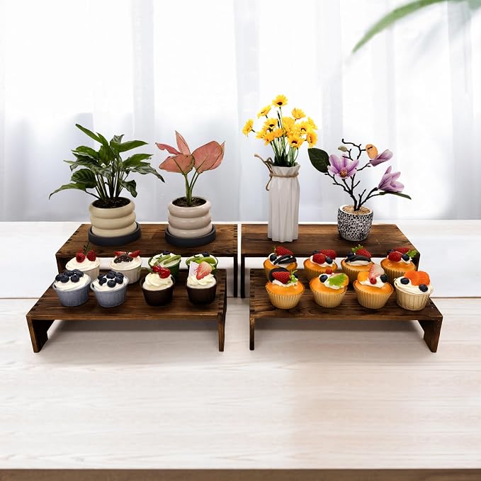 Yikaroeli 4 Set Large Wooden Display Riser Wood Risers Cupcake Display Stand 2Tiered 8Pcs Rectangular Perfume Dessert Display Stands for Vendors Event (Large/4Pack Brown)