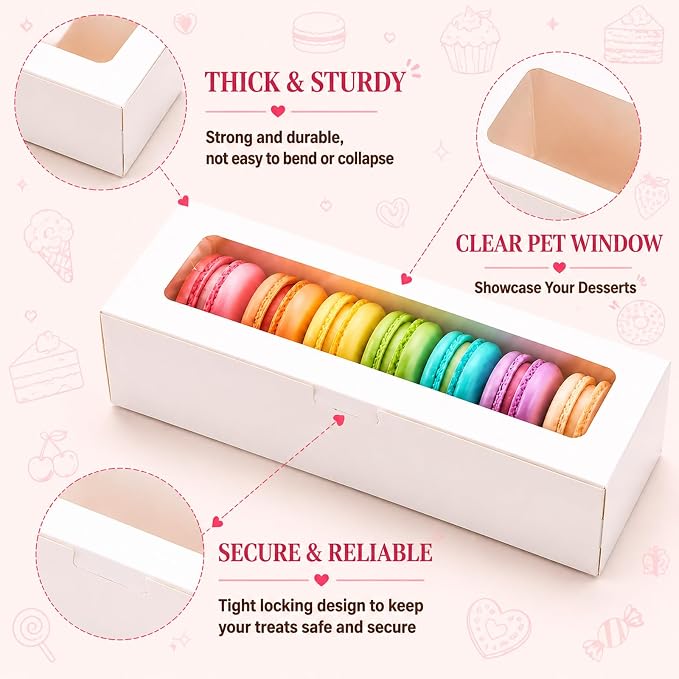 Sileasncei Macaron Box with Window, 15 Pack Sturdy Gift Boxes | Snug fit design securely holds 5–7 macarons, cookies & truffles. Great for birthdays, weddings, graduations & holidays.