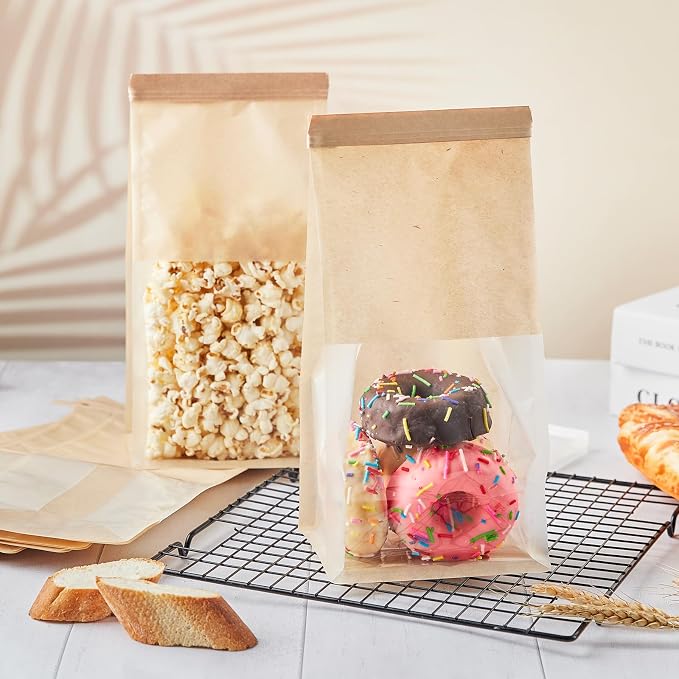 ZORRITA Bakery Bags with Window, 50 Pack, 5.1 x 3.9 x 11 Inches | Tin Tie Tab Lock, For Cookies, Bread, Bagels, Pastry, Popcorns and Snacks