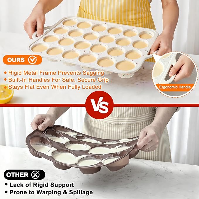 2 Pack Silicone Muffin Pans with Metal Reinforced Frame Regular 24 Cups Cupcake Pan with Handle Nonstick BPA Free Muffin Molds for Baking Muffins, Cupcakes, Egg Bites, Oven Dishwasher Safe