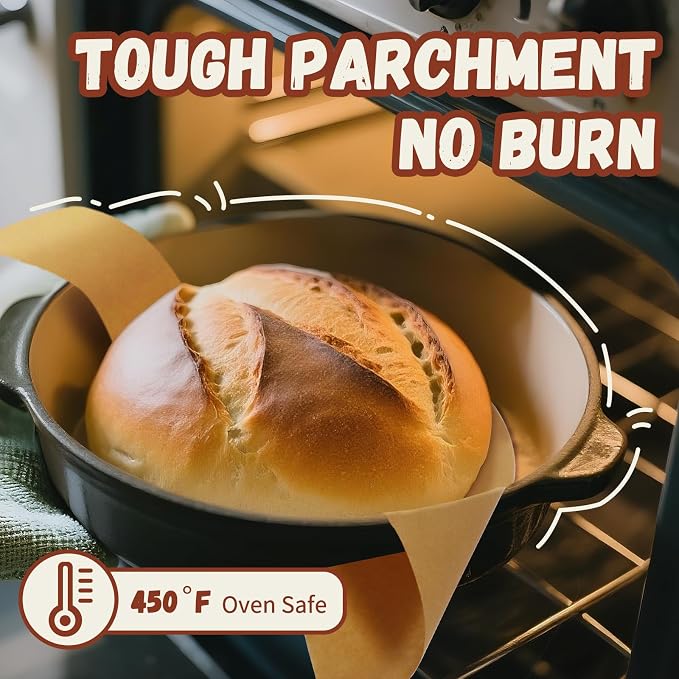 Parchment Paper for Sourdough Baking, GIGYES Bread Sling for Dutch Oven, 8" Round Parchment Paper with Long Handles for air fryer, Easy-Lift, Non-Stick, Odor-Free (Unbleached, 100sheets-Round)