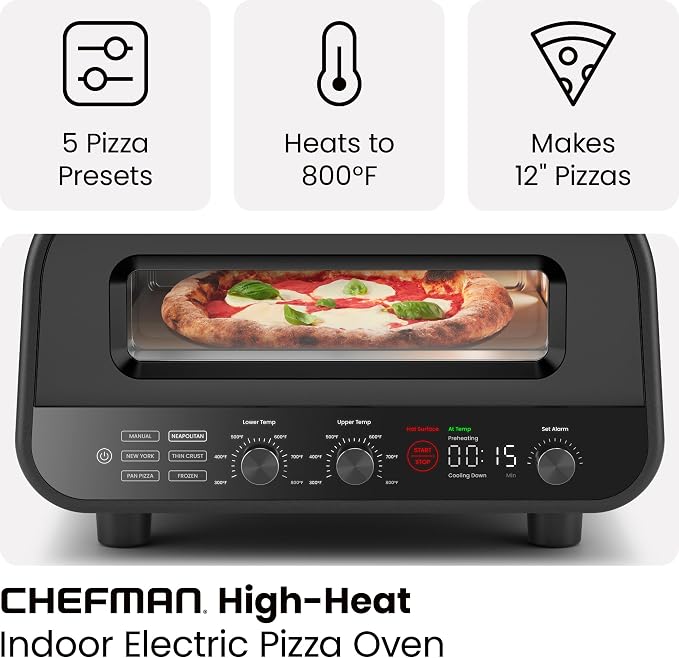CHEFMAN Indoor Pizza Oven - Makes 12 Inch Pizzas in Minutes, Heats up to 800°F - Countertop Electric Maker with 5 Touchscreen Presets, Pizza Stone and Peel Included - Stainless Black