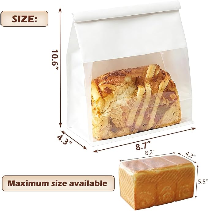 Heavy Duty Large Paper Bread Bags with Tin Tie Tab Lock 50pcs, Loaf Bag with Clear Front Window, Storage Packaging Treat Bag for Bakery Cafe Homemade Bread 10.6” × 4.3” × 8.7” - White