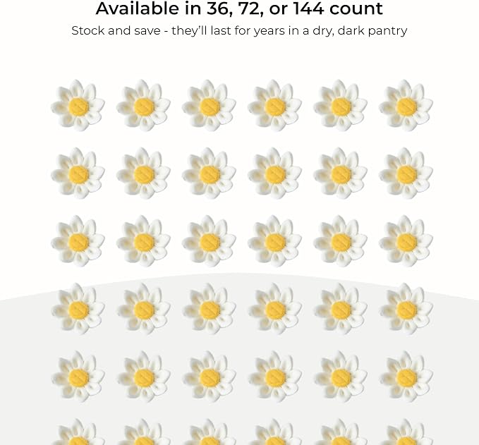 36 Count Edible Daisy Cake Decorations, Mini Edible Flowers, White & Yellow Sugar Flowers, Daisy Cupcake Toppers for Cakes & Cupcakes, Edible Cake Decorations, Global Sugar Art (3/4 Inch)