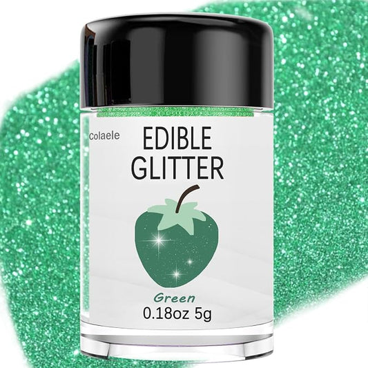 Green Edible Glitter Glimmer Powder for Cakes Drinks - Colaele 5 grams Food Grade Luster Dust Metallic Food Decorating Sprinkle Disco Brew Dust for St. Patrick Decorations Wine Beverage Dessert, Vegan