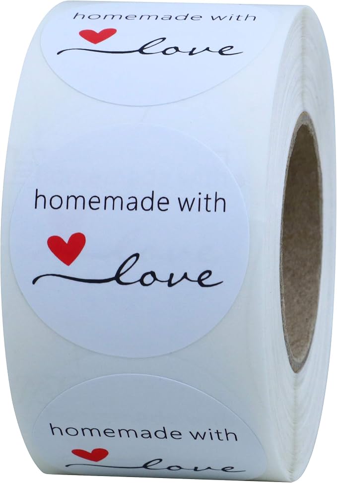 Hybsk White Gloss Homemade with Love Stickers 1.5" Inch Round Total 500 Adhesive Labels Per Roll (White Gloss)