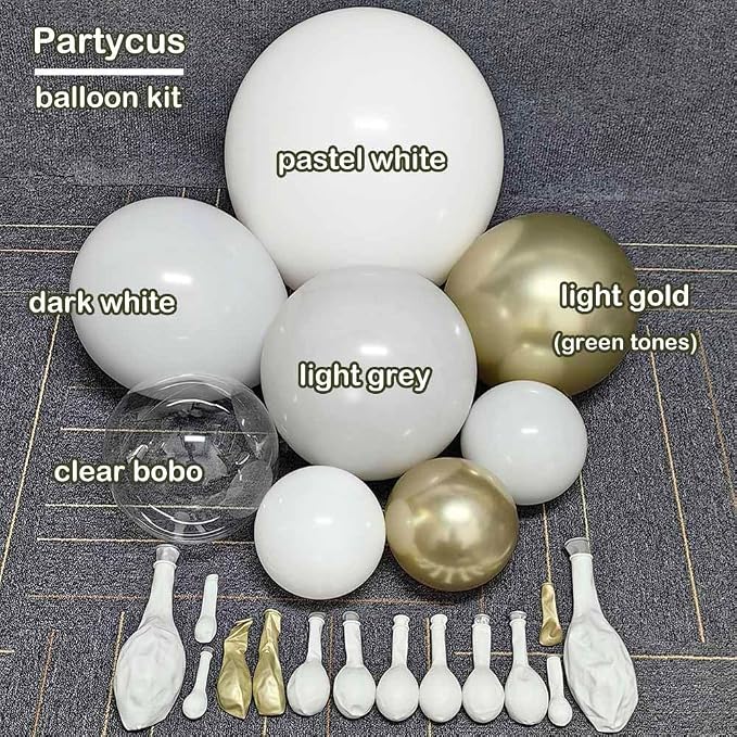 Double Stuffed White Balloon Arch with Clear Bobo, Double Stuffed Light Grey Different White Gold Balloon Garland Kit for Bridal Wedding Engagement Birthday Christmas Valentines Party Decoration
