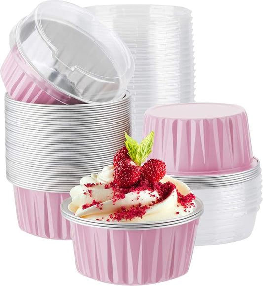 EUSOAR Foil Baking Cups, 50pcs 5oz 125ml Muffin Liners Cups Oven Safe with Lids, Disposable Aluminum Cupcake Ramekins Pans Holders Creme Brulee Liners for Wedding Birthday Party