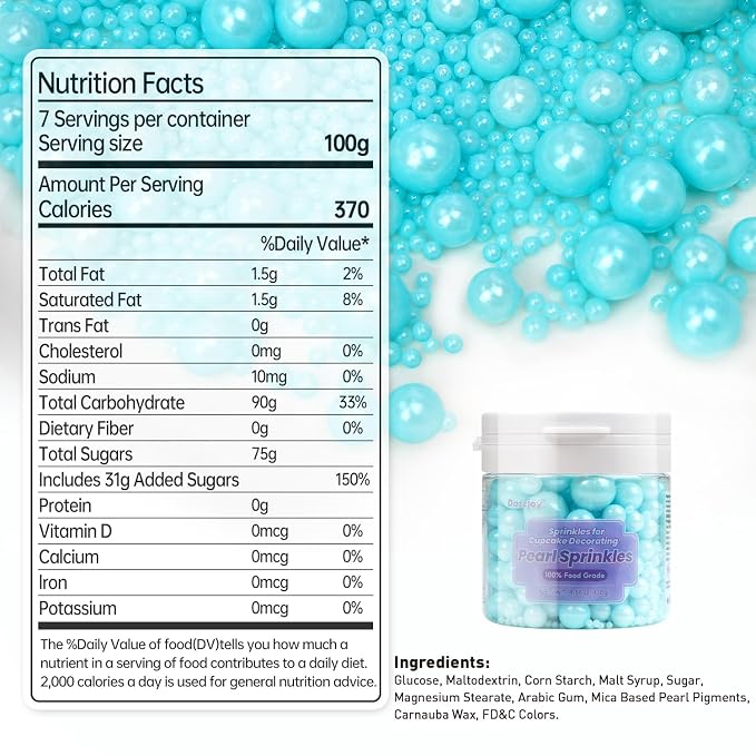 Dazzjoy Blue Edible Pearl, Edible Pearls Sugar Sprinkles, 130g/4.58oz, Blue Pearls Sprinkles for Cake Decorating, Cupcake Toppers, Baking Cake Decoration, Wedding Party Holiday Supplies