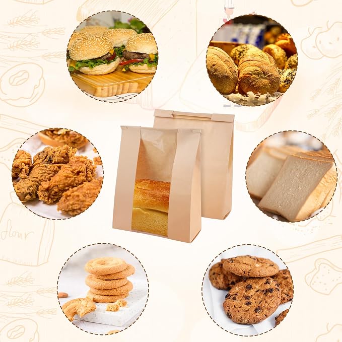 50 Pcs Bread Bags with Window Bread Bags for Homemade Bread Sourdough with Metal Tin Strip and Cute Seal Stickers Bakery Food Packaging Storage Cookie Bag Bread Gift Giving（14 x 8.3 x 3.3 In）