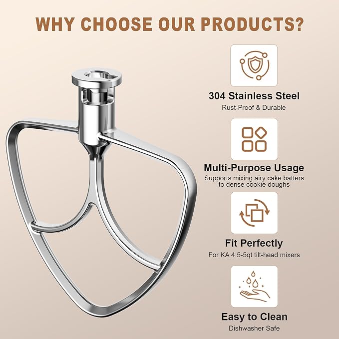 Stainless Steel Flat Beater for KitchenAid Tilt Head Stand Mixer, Polished Paddle Attachment, Fits 4.5-5 Quart Models, Dishwasher Safe