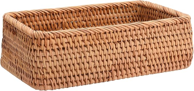 TITA-DONG Rattan Storage Baskets Rectangle Woven Bread Basket Rectangular Wicker Serving Organizer Tray Rattan Fruit Basket, Stackable Wicker Organizer for Kitchen Countertop Bathroom Living Room(S)