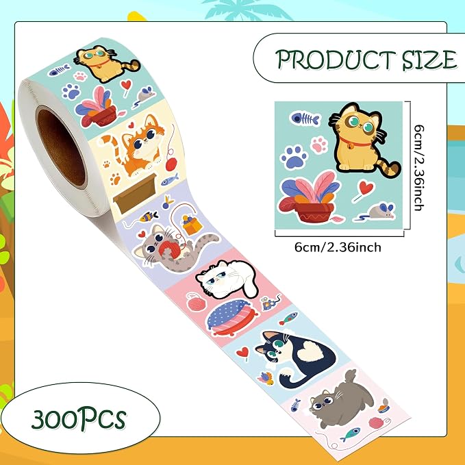 Cute Cat Stickers Roll - 300 Pcs Cartoon Cat Stickers, Fun Animals Sticker for Scrapbook Journal Water Bottle Laptop, Waterproof Decals for Women