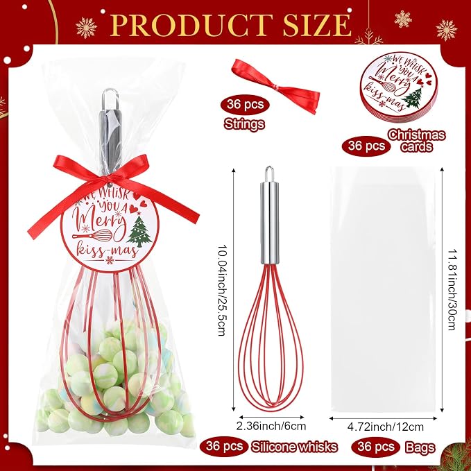 FoldTier 36 Sets 10 Inch Christmas Whisks Gifts DIY Fillable Christmas Tree Ornaments Xmas Colored Silicone Whisks for Cooking Heat Resistant Egg Beaters with Card Rope Bag for Candy Holder