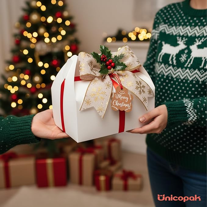 UnicoPak 30 Pack 9x6x6 Gable Boxes, Large White Treat Boxes with Handles, Cardboard Gift Boxes for Party Favors, Lunch, Bakery, Cookies, Picnic, To-Go Food, DIY Gift Packaging