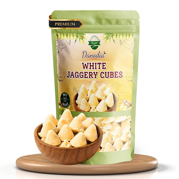 Danodia Foods Organic White Jaggery Cubes, Cane Gur Sweetener, 1 lb Pack | Jaggery gur pieces for chai, coffee, desserts and cooking; Gluten-Free, Vegan; traditional Indian cane sweetener; pantry use