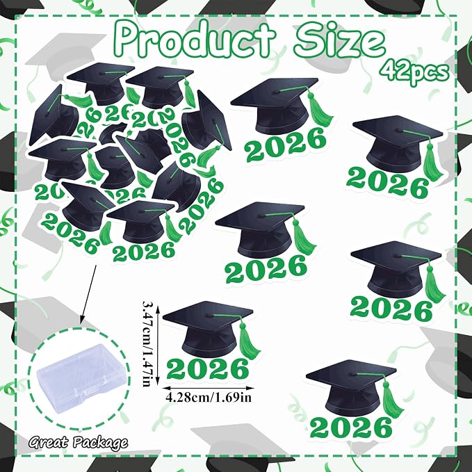 42pcs Edible Graduation Cap Cupcake Toppers Wafer Paper Green Class of 2026 Cake Decorations Edible Grad Cap Cupcake Picks for 2026 Graduation Theme Party Cake Decor Supplies
