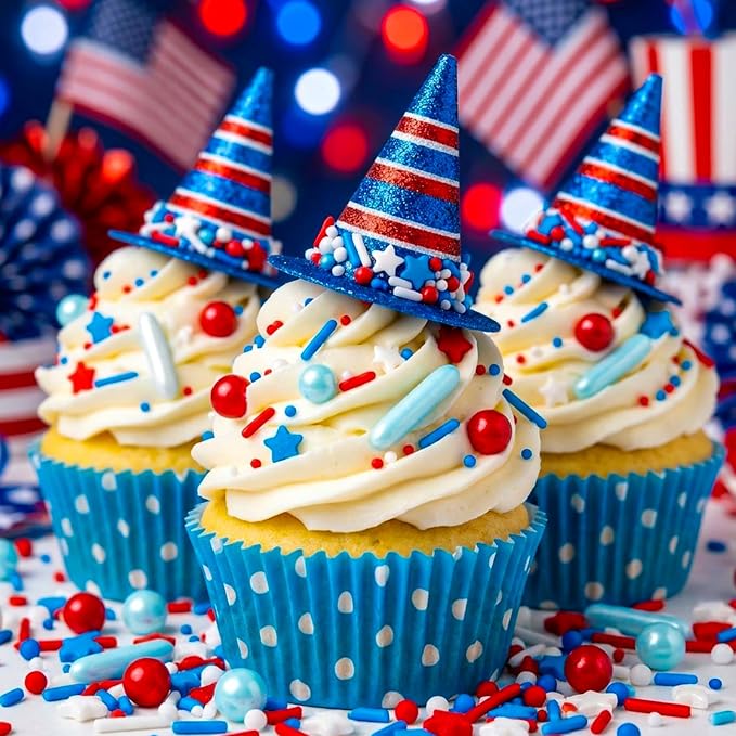 Edible Patriotic Sprinkles, 4th of July, 130g/4.59oz, Red White and Blue Sprinkles for Cake Decorating, Cake Decorations, Cupcake Toppers (Stars/Jimmies/Nonpareils）
