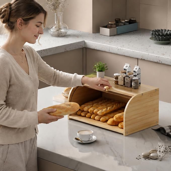 Roll Top Bread Container for Kitchen Countertop, Bamboo Bread Box with Clear Lid, Bread Container Storage（Bamboo without cutting board）