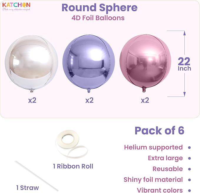 KatchOn, Pink Purple Silver Round Foil Balloons - 22 Inch, Pack of 6 | Metallic Giant 4D Round Balloons for Princess Party Decorations | Foil Balloon For Birthday, Gender Reveal, Baby Shower