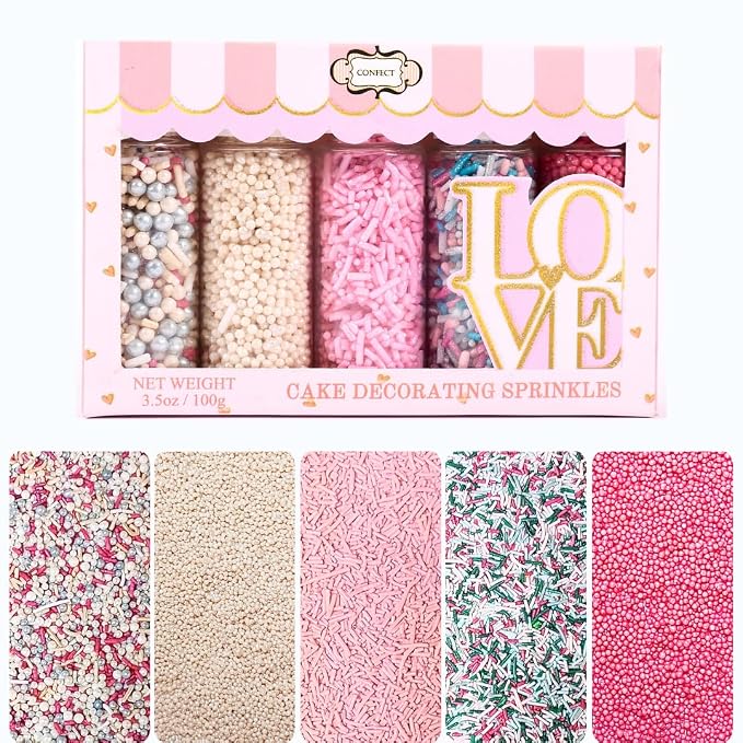 Confect Edible Sprinkles – Blush Pink, White & Silver Dragees with Baby Blue, Green, Teal Jimmies, Fuschia | Vegan, Gluten-Free, Nut-Free, Soy-Free, Dairy-Free Cake & Cupcake Decorating Mix - 5 Oz