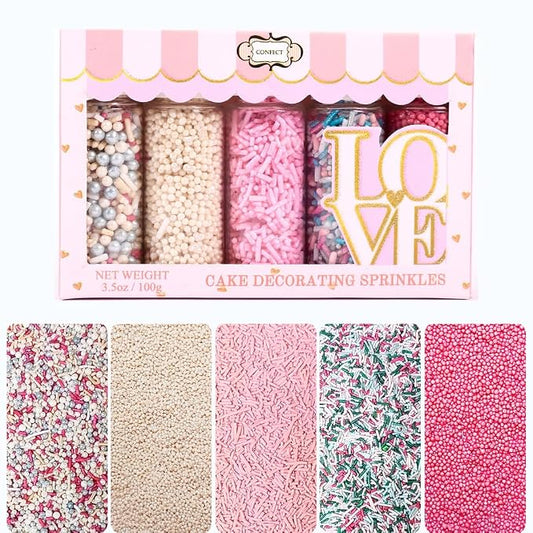Confect Edible Sprinkles – Blush Pink, White & Silver Dragees with Baby Blue, Green, Teal Jimmies, Fuschia | Vegan, Gluten-Free, Nut-Free, Soy-Free, Dairy-Free Cake & Cupcake Decorating Mix - 5 Oz