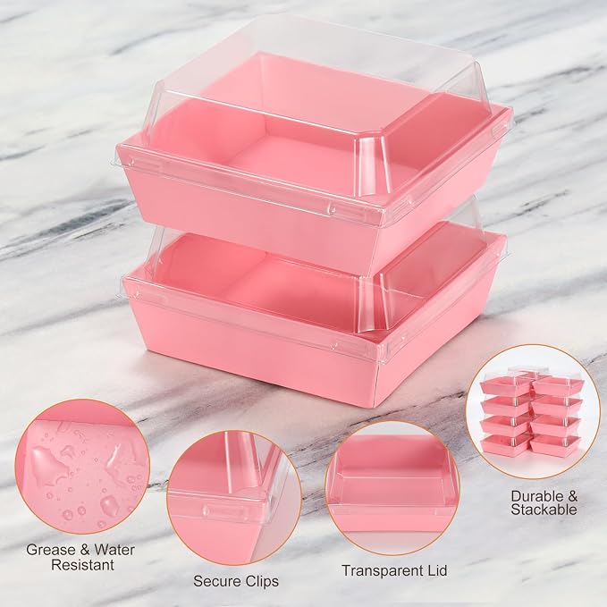 100 Pack Mini Charcuterie Boxes with Clear Lids, 4.5x4.5 Inches Pink Dessert Boxes Square Disposable Bakery Boxes to Go Containers for Daughter, Wedding Party, Valentine, Donuts & Cookies